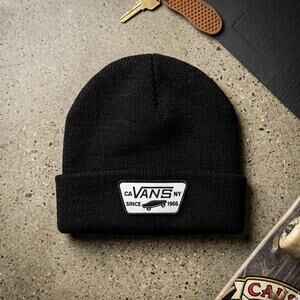 Vans Off The Wall Black Cuffed Beanie Hat Skater Patch Logo Unisex One Size